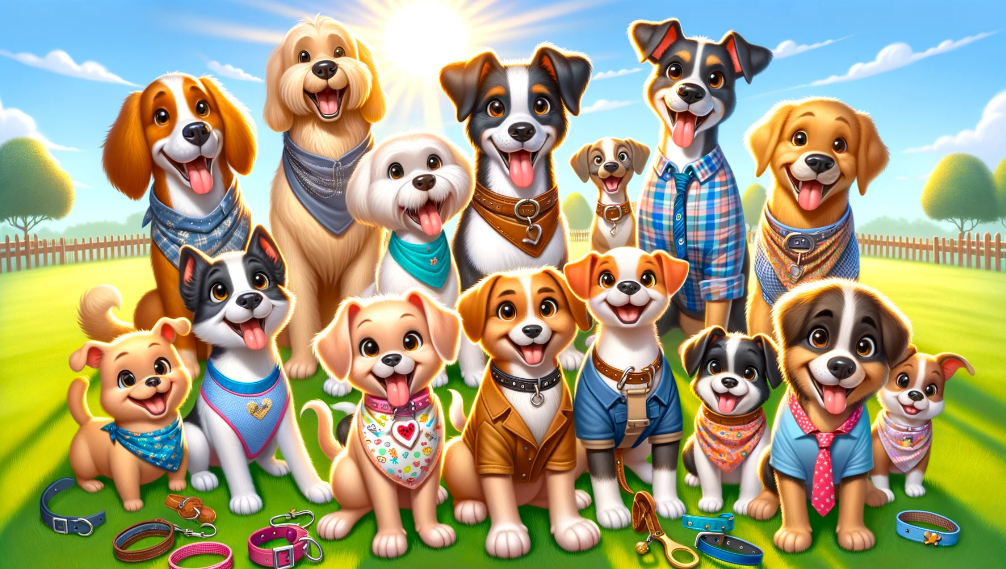 a cheerful and inviting image for your website 'Canine Heaven'. It features a variety of happy, well-groomed dogs, each adorned with stylish dog accessories, set in a sunny, grassy park.