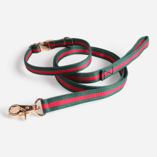 Stylish Red & Green Woven Striped Dog Collar and Leash Set - canineheavencanineheaven
